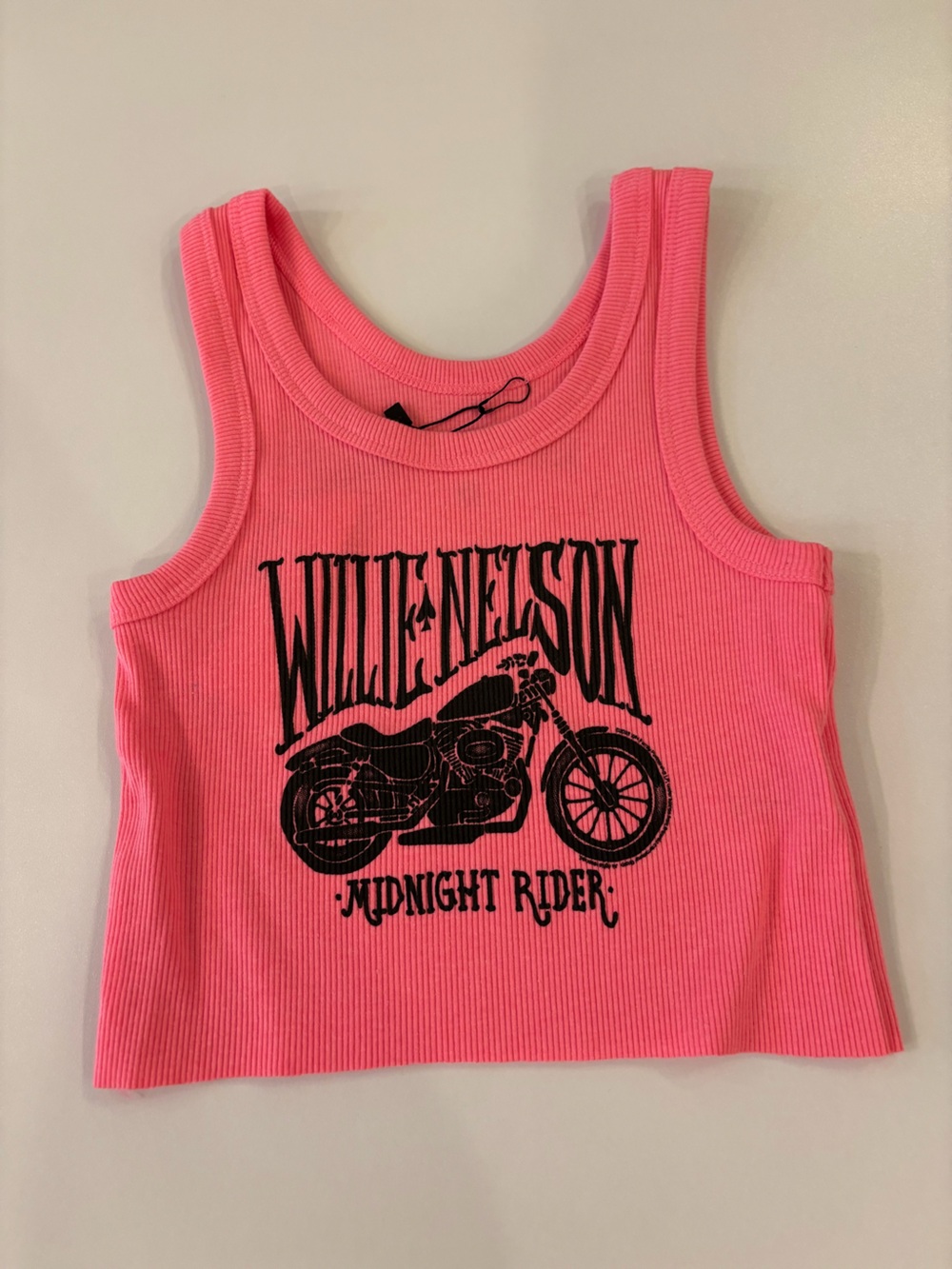 Rowdy Sprout Willie Nelson Pink Ribbed Tank with Black Motorcycle Graphic